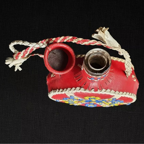 Folk Art Handmade Leather Covered Glass Flask Canteen + Jigger Glass Vintage - Picture 5 of 7